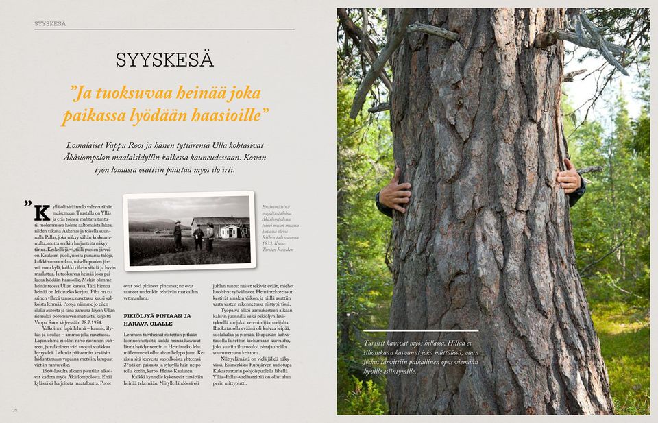 Taustalla on Ylläs ja eräs toinen mahtava tunturi, molemmissa kolme aaltomaista lakea, niiden takana Aakenus ja toisella suunnalla Pallas, joka näkyy vähän korkeammalta, mutta senkin harjanteita