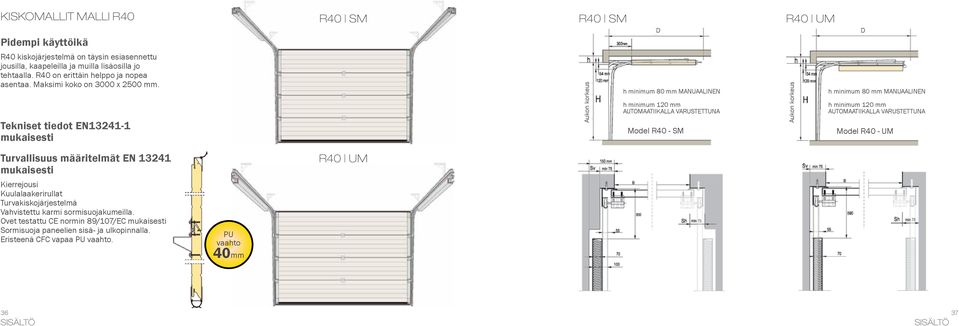 Tekniset tiedot EN13241-1 mukaisesti Aukon korkeus h minimum 80 mm MANUAALINEN h minimum 120 mm AUTOMAATIIKALLA VARUSTETTUNA Model R40 - SM Aukon korkeus h minimum 80 mm MANUAALINEN h minimum