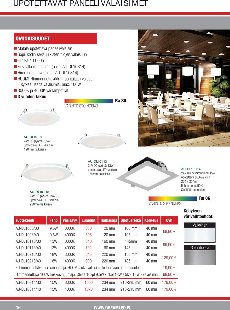 100W 3000K n ja 4000K värilämpötilat 3 n vuoden takuu VÄRINTOISTOINDEKSI Ra 80 AU-DL1008 24V DC pyöreä 8,5W upotettava LED-valaisin 120mm halkaisija AU-DL10218 24V DC pyöreä 18W upotettava