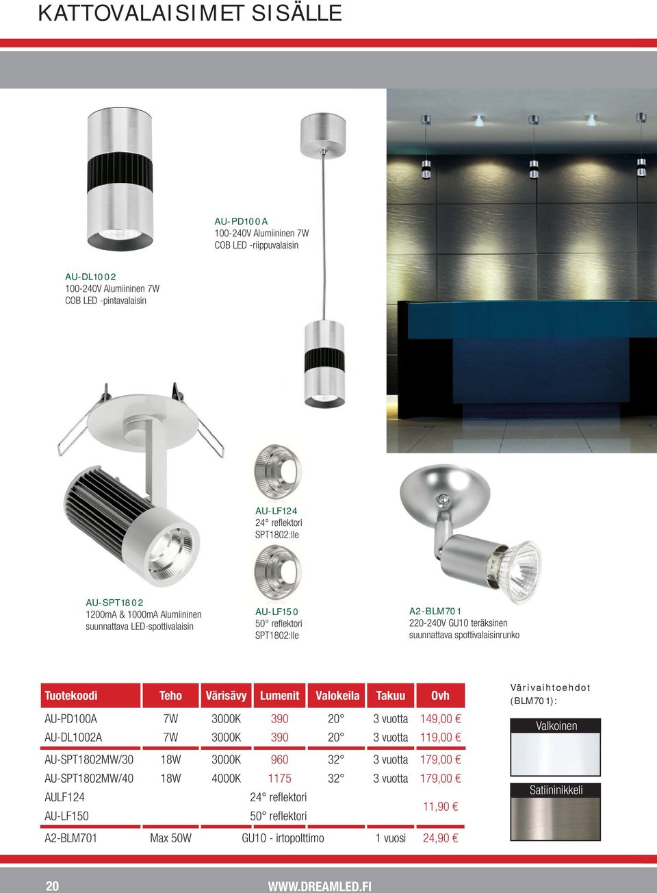 Lumenit Valokeila Takuu Ovh AU-PD100A 7W 3000K 390 20 3 vuotta 149,00 AU-DL1002A 7W 3000K 390 20 3 vuotta 119,00 AU-SPT1802MW/30 18W 3000K 960 32 3 vuotta 179,00 AU-SPT1802MW/40 18W 4000K