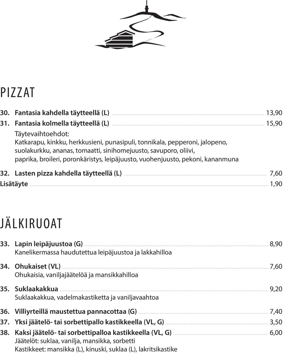 poronkäristys, leipäjuusto, vuohenjuusto, pekoni, kananmuna 32. Lasten pizza kahdella täytteellä (L)... 7,60 Lisätäyte... 1,90 JÄLKIRUOAT 33. Lapin leipäjuustoa (G).