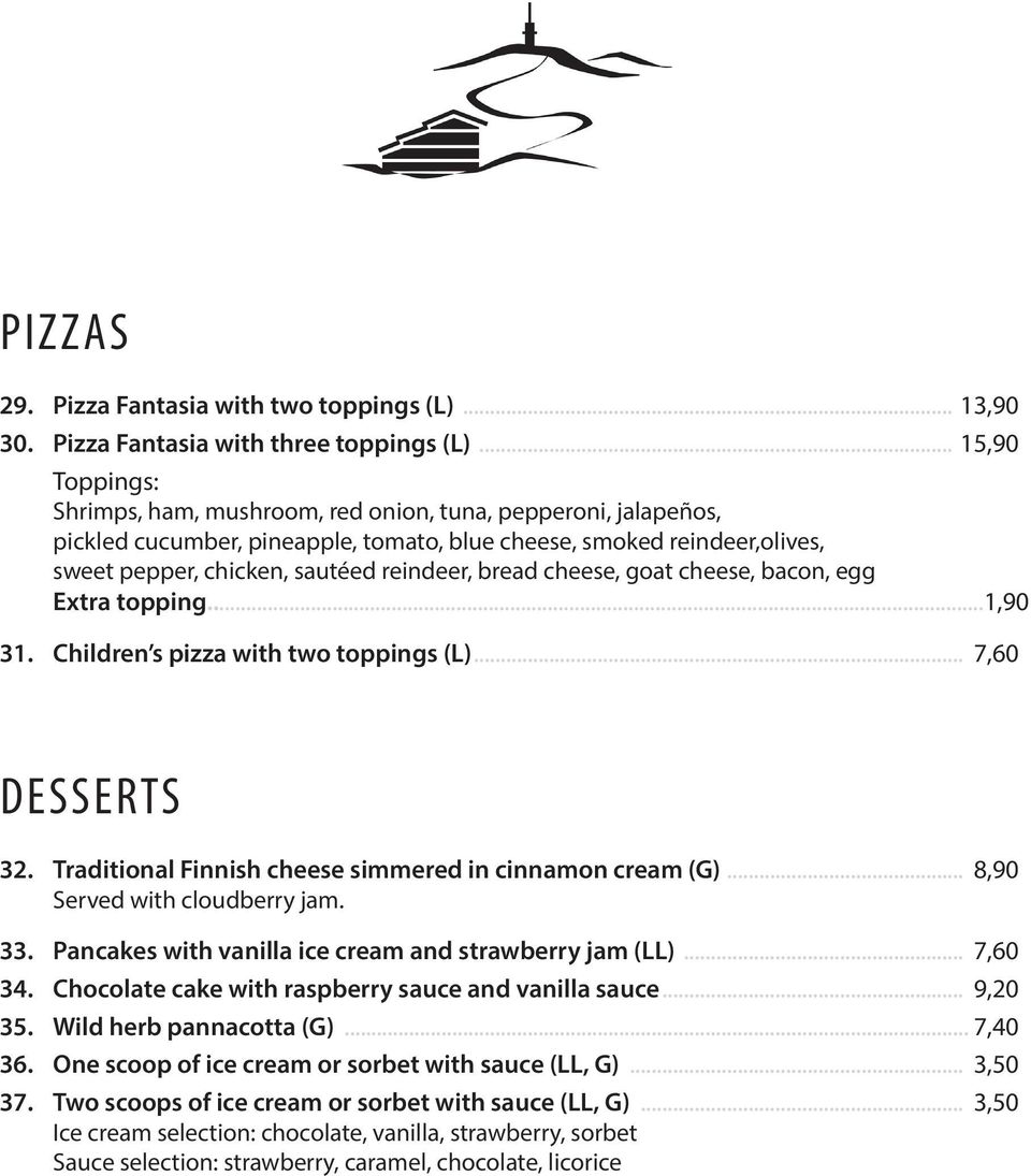 bread cheese, goat cheese, bacon, egg Extra topping...1,90 31. Children s pizza with two toppings (L)... 7,60 DESSERTS 32. Traditional Finnish cheese simmered in cinnamon cream (G).