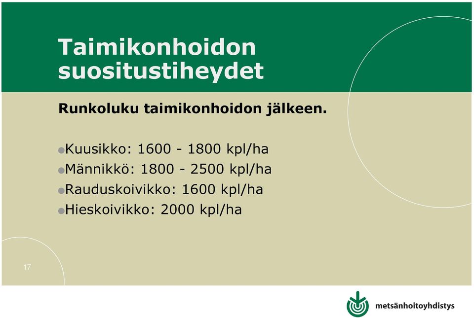 Kuusikko: 1600-1800 kpl/ha Männikkö: