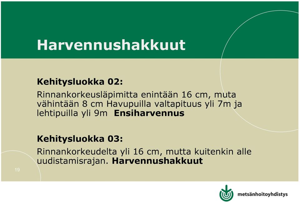 ja lehtipuilla yli 9m Ensiharvennus 19 Kehitysluokka 03: