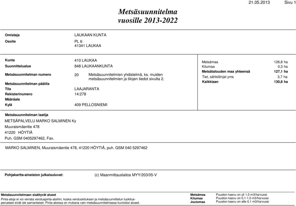 LAAJARANTA 14:278 Metsäsuunnitelmien yhdistelmä, ks. muiden metsäsuunnitelmien ja tilojen tiedot sivulta 2.