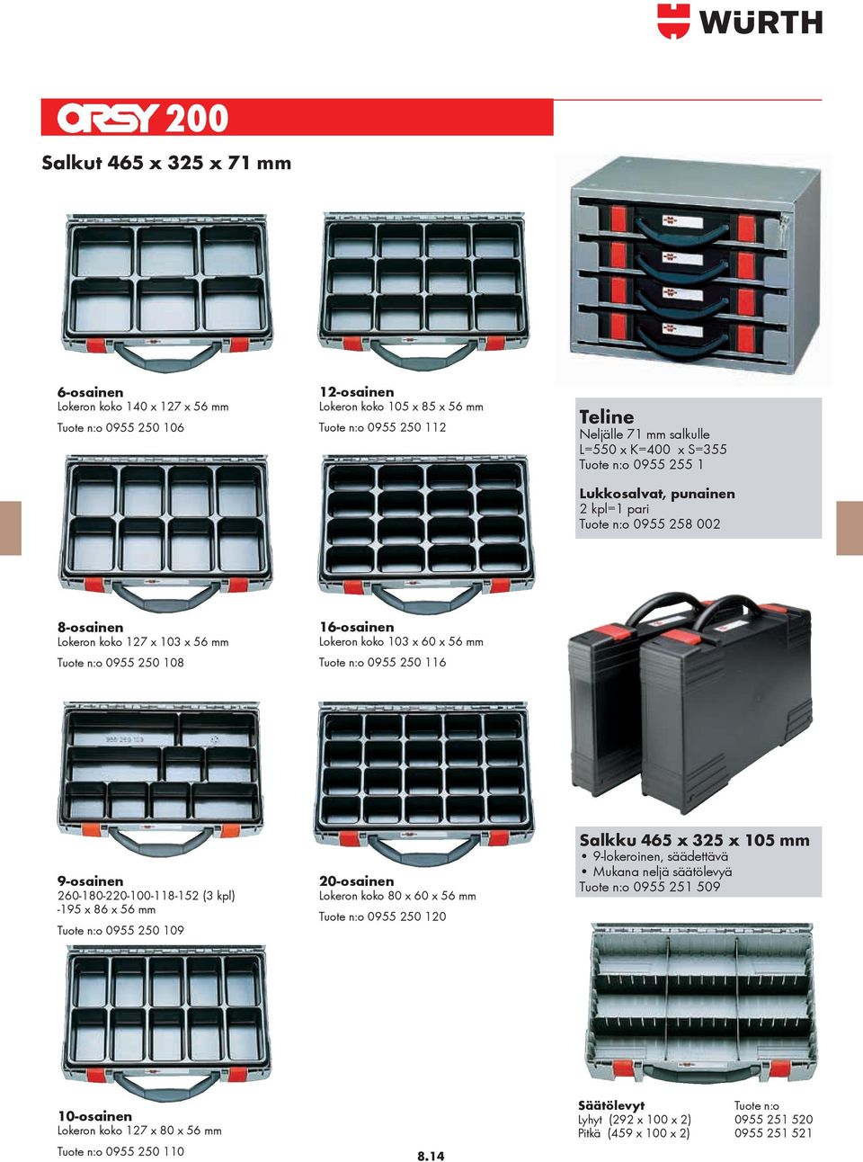 Tuote n:o 0955 250 116 9-osainen 260-180-220-100-118-152 (3 kpl) -195 x 86 x 56 mm Tuote n:o 0955 250 109 20-osainen Lokeron koko 80 x 60 x 56 mm Tuote n:o 0955 250 120 Salkku 465 x 325 x 105 mm