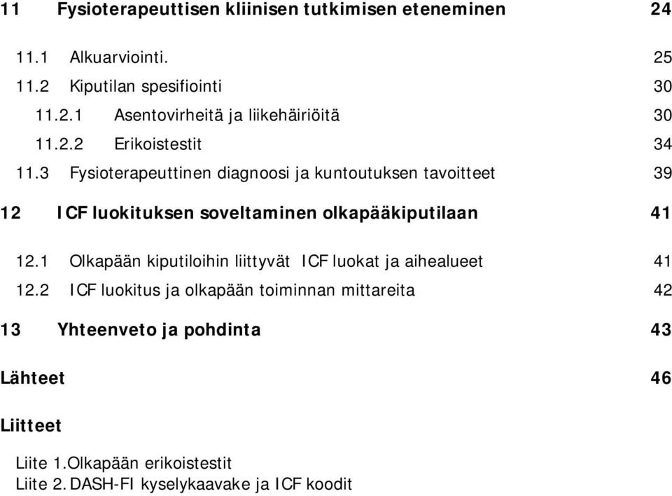 3 Fysioterapeuttinen diagnoosi ja kuntoutuksen tavoitteet 39 12 ICF luokituksen soveltaminen olkapääkiputilaan 41 12.