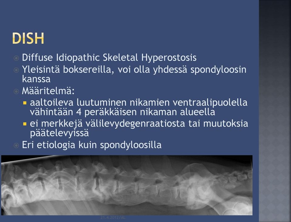 ventraalipuolella vähintään 4 peräkkäisen nikaman alueella ei merkkejä