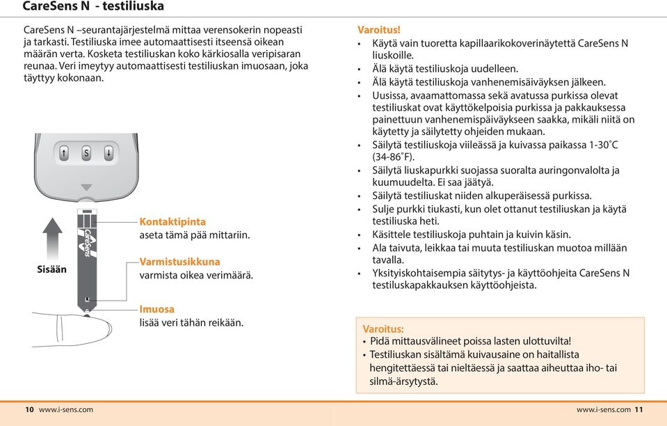 Varmistusikkuna varmista oikea verimäärä. Imuosa lisää veri tähän reikään. Varoitus! Käytä vain tuoretta kapillaarikokoverinäytettä CareSens N liuskoille. Älä käytä testiliuskoja uudelleen.