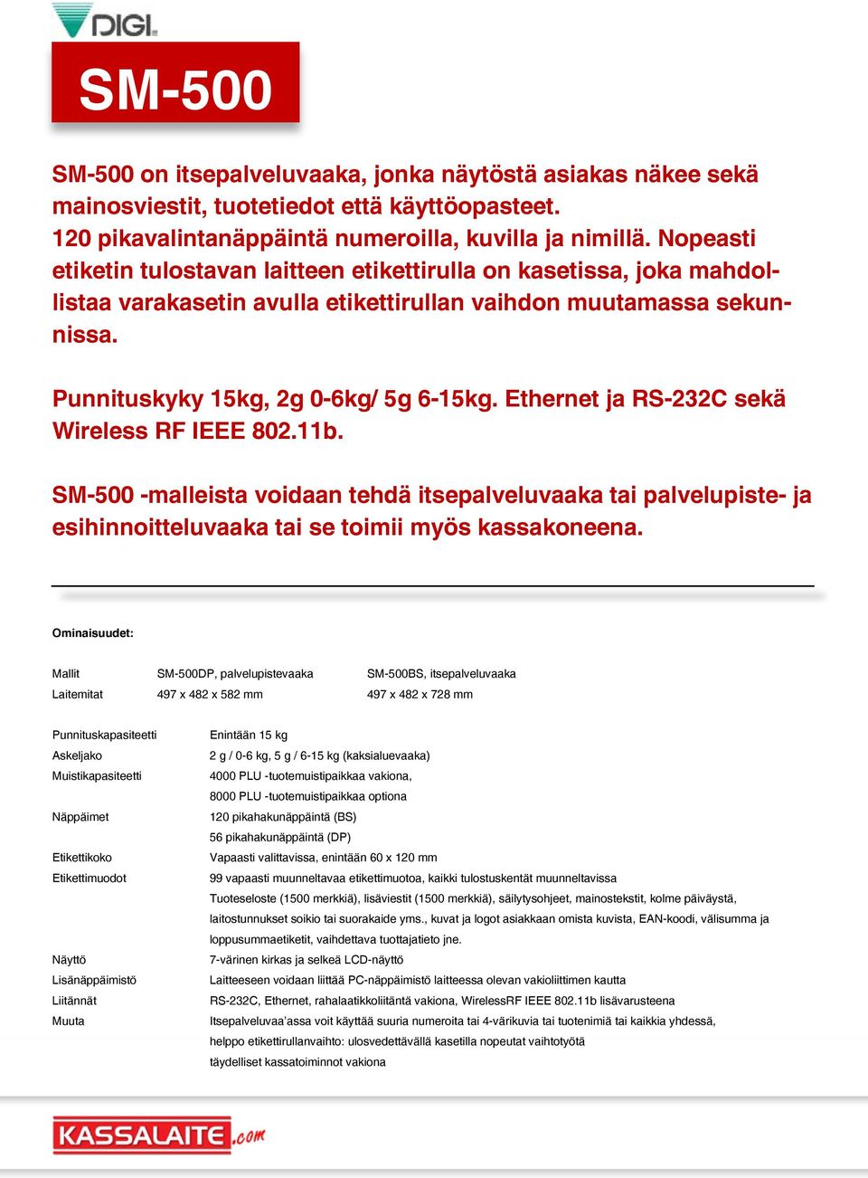 Ethernet ja RS-232C sekä Wireless RF IEEE 802.11b. SM-500 -malleista voidaan tehdä itsepalveluvaaka tai palvelupiste- ja esihinnoitteluvaaka tai se toimii myös kassakoneena.