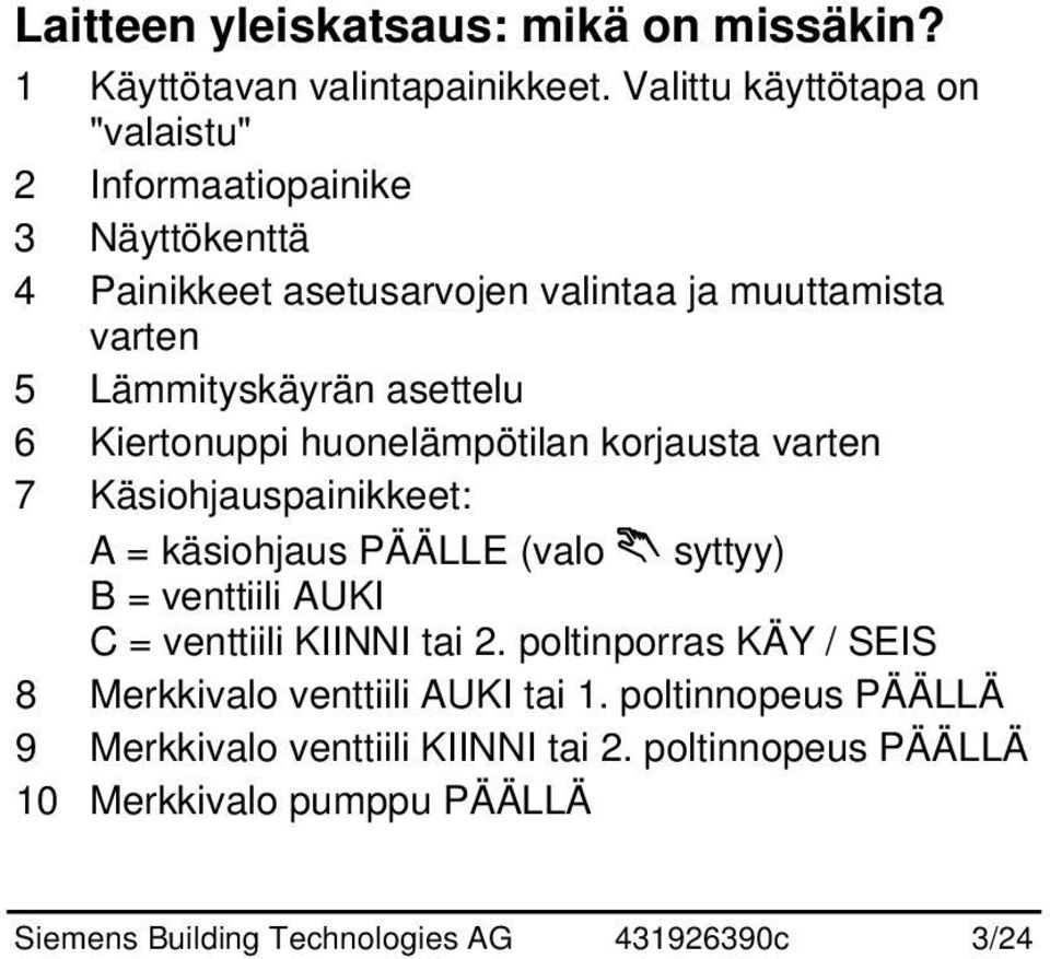 asettelu 6 Kiertonuppi huonelämpötilan korjausta varten 7 Käsiohjauspainikkeet: A = käsiohjaus PÄÄLLE (valo syttyy) B = venttiili AUKI C = venttiili