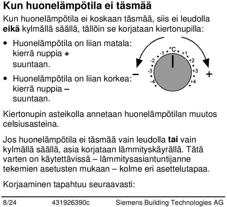 Kiertonupin asteikolla annetaan huonelämpötilan muutos celsiusasteina.