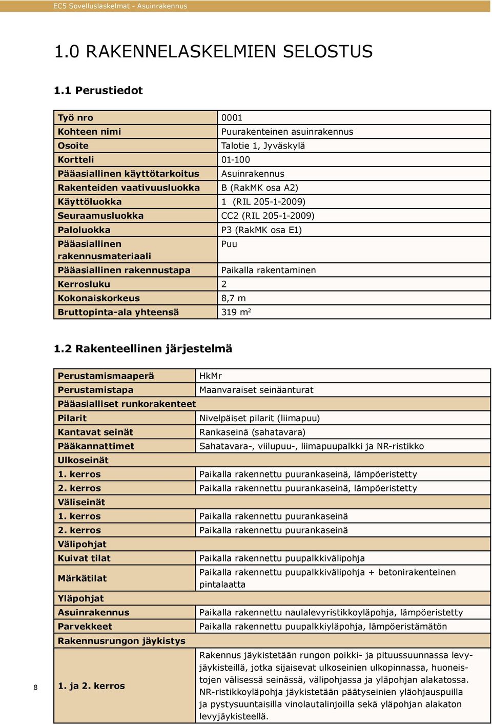 A2) Käyttöluokka 1 (RIL 205-1-2009) Seuraamusluokka CC2 (RIL 205-1-2009) Paloluokka P3 (RakMK osa E1) Pääasiallinen Puu rakennusmateriaali Pääasiallinen rakennustapa Paikalla rakentaminen Kerrosluku