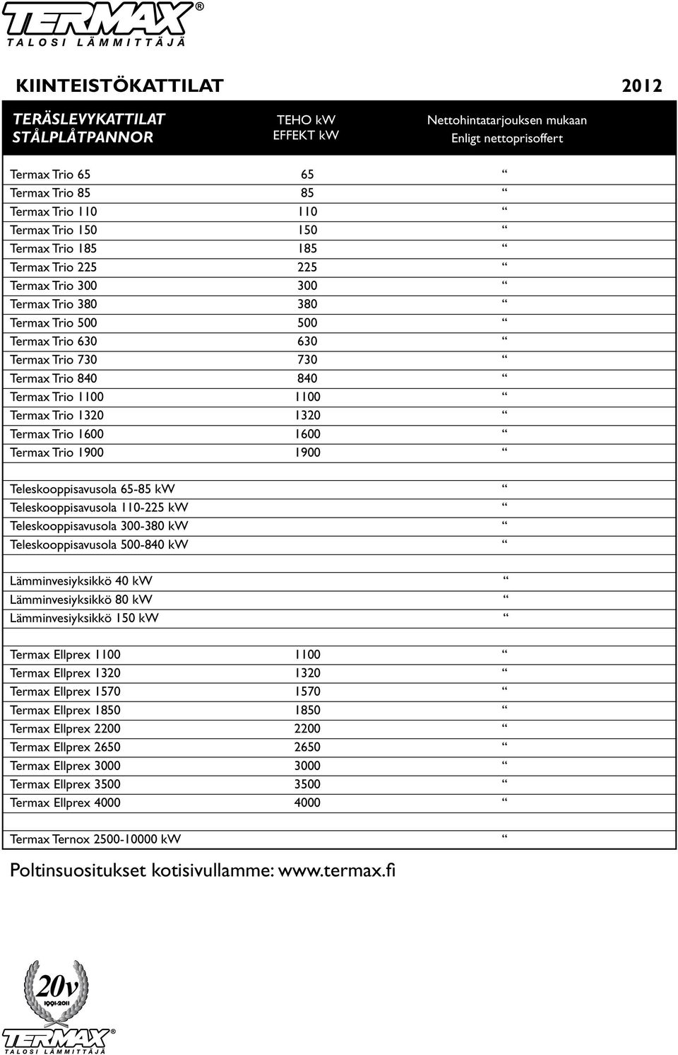 1320 1320 Termax Trio 1600 1600 Termax Trio 1900 1900 Teleskooppisavusola 65-85 kw Teleskooppisavusola 110-225 kw Teleskooppisavusola 300-380 kw Teleskooppisavusola 500-840 kw Lämminvesiyksikkö 40 kw