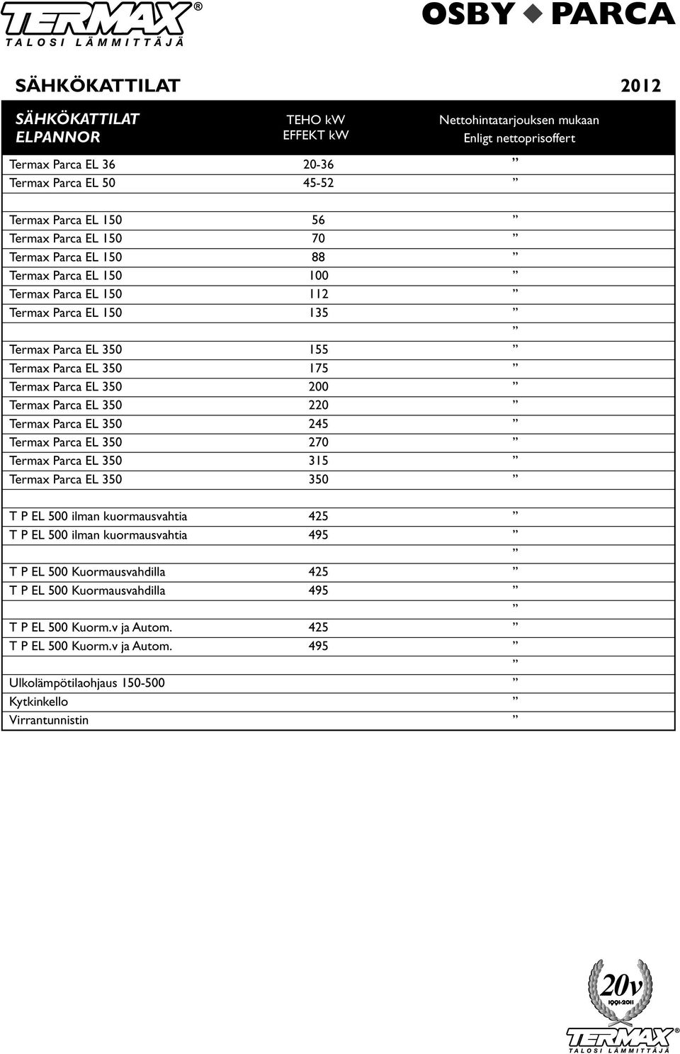 200 Termax Parca EL 350 220 Termax Parca EL 350 245 Termax Parca EL 350 270 Termax Parca EL 350 315 Termax Parca EL 350 350 T P EL 500 ilman kuormausvahtia 425 T P EL 500 ilman