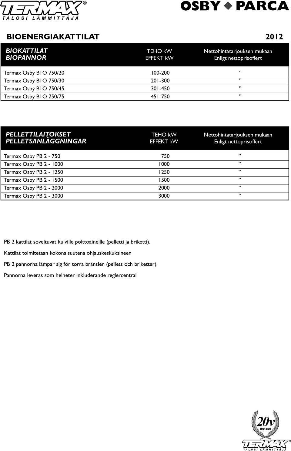 Osby PB 2-1000 1000 Termax Osby PB 2-1250 1250 Termax Osby PB 2-1500 1500 Termax Osby PB 2-2000 2000 Termax Osby PB 2-3000 3000 PB 2 kattilat soveltuvat kuiville polttoaineille (pelletti ja