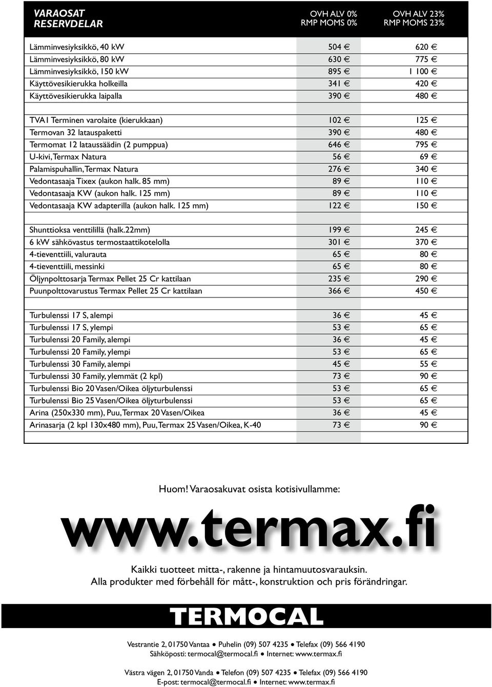 Palamispuhallin, Termax Natura 276 340 Vedontasaaja Tixex (aukon halk. 85 mm) 89 110 Vedontasaaja KW (aukon halk. 125 mm) 89 110 Vedontasaaja KW adapterilla (aukon halk.
