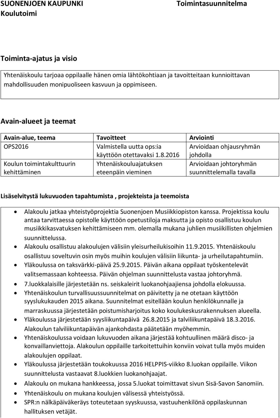 2016 Arvioidaan ohjausryhmän johdolla Koulun toimintakulttuurin kehittäminen Yhtenäiskouluajatuksen eteenpäin vieminen Arvioidaan johtoryhmän suunnittelemalla tavalla Lisäselvitystä lukuvuoden