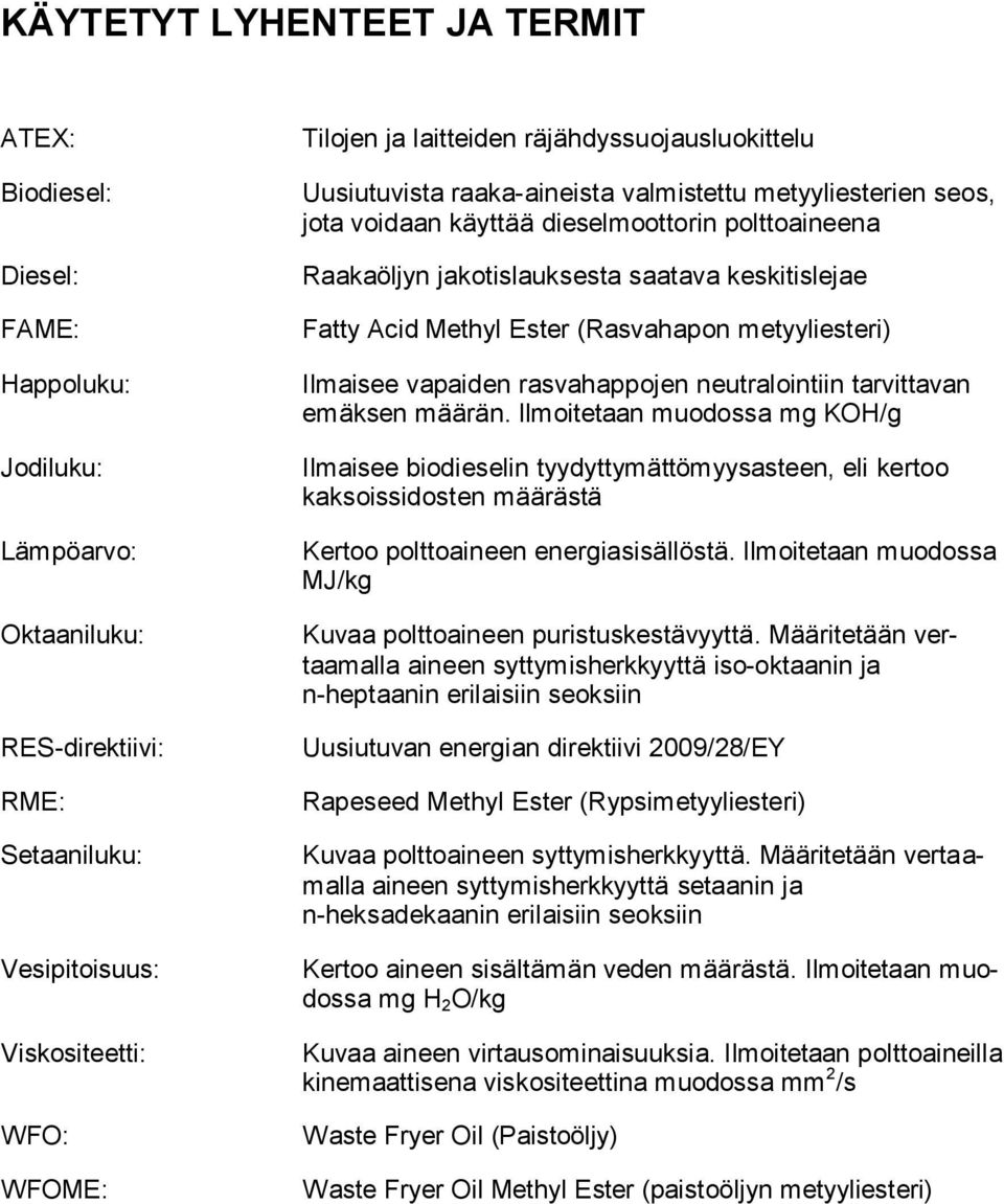 Fatty Acid Methyl Ester (Rasvahapon metyyliesteri) Ilmaisee vapaiden rasvahappojen neutralointiin tarvittavan emäksen määrän.