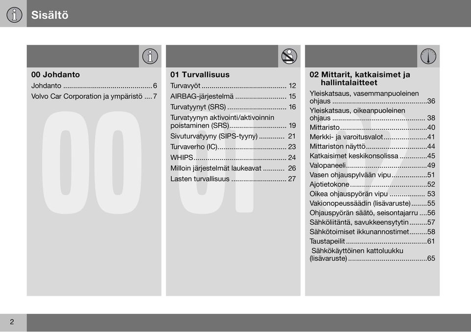 .. 27 02 Mittarit, katkaisimet ja hallintalaitteet Yleiskatsaus, vasemmanpuoleinen ohjaus...36 Yleiskatsaus, oikeanpuoleinen ohjaus... 38 Mittaristo...40 Merkki- ja varoitusvalot.