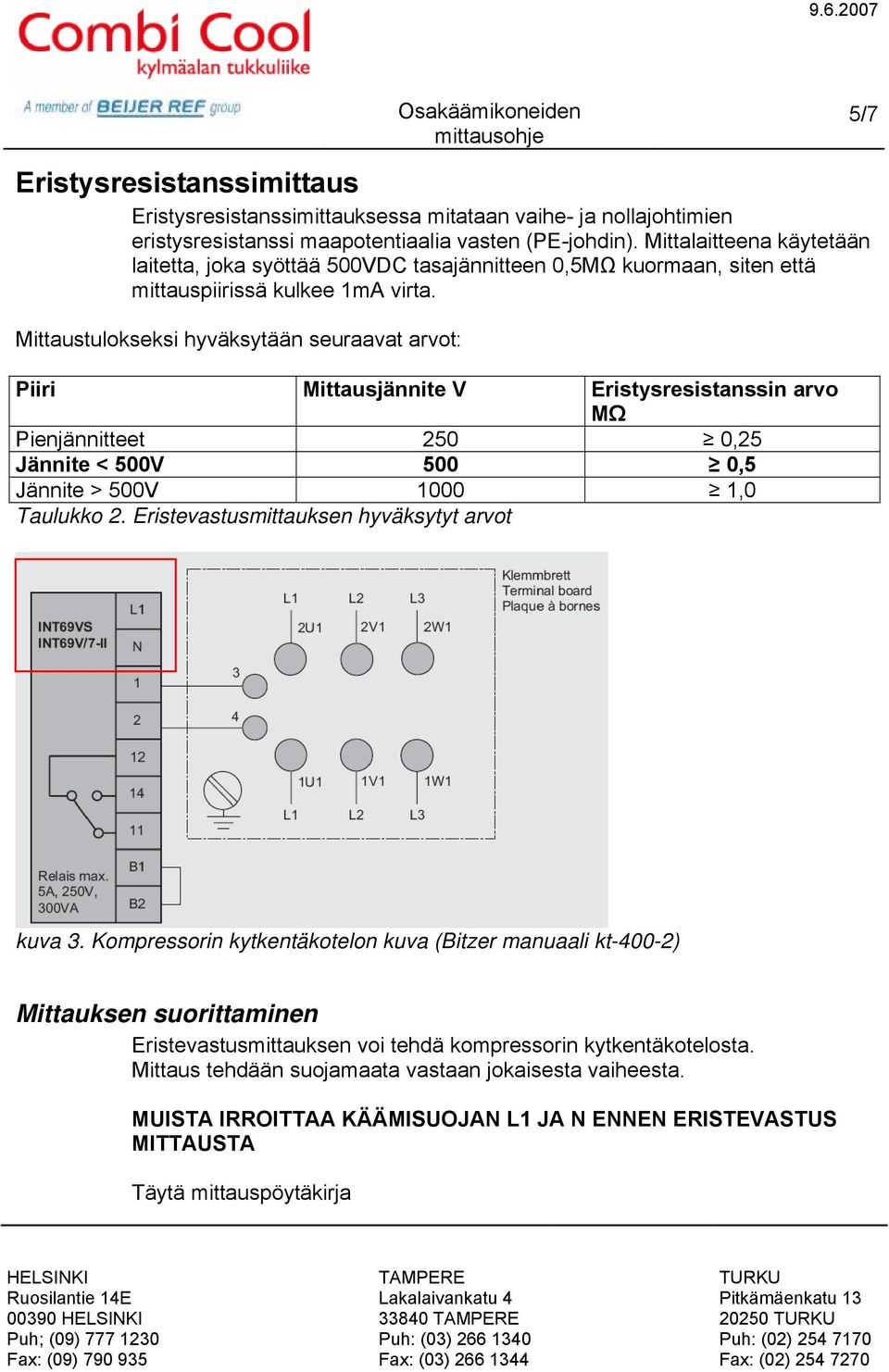 Mittaustulokseksi hyväksytään seuraavat arvot: Piiri Mittausjännite V Eristysresistanssin arvo MΩ Pienjännitteet 250 0,25 Jännite < 500V 500 0,5 Jännite > 500V 1000 1,0 Taulukko 2.