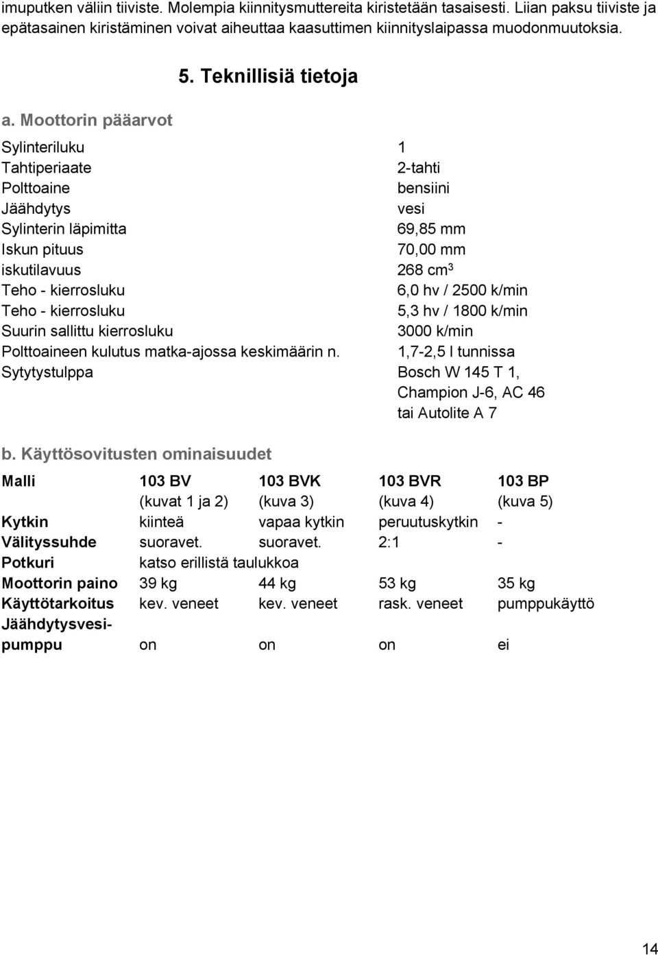 Teho kierrosluku 5,3 hv / 800 k/min Suurin sallittu kierrosluku 3000 k/min Polttoaineen kulutus matkaajossa keskimäärin n.