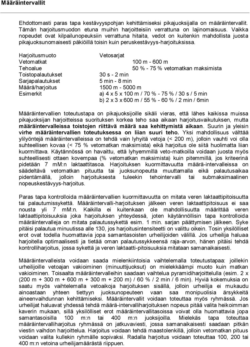 Harjoitusmuoto Vetomatkat Tehoalue Toistopalautukset Sarjapalautukset Määrä/harjoitus Esimerkit Vetosarjat 100 m - 600 m 50 % - 75 % vetomatkan maksimista 30 s - 2 min 5 min - 8 min 1500 m - 5000 m