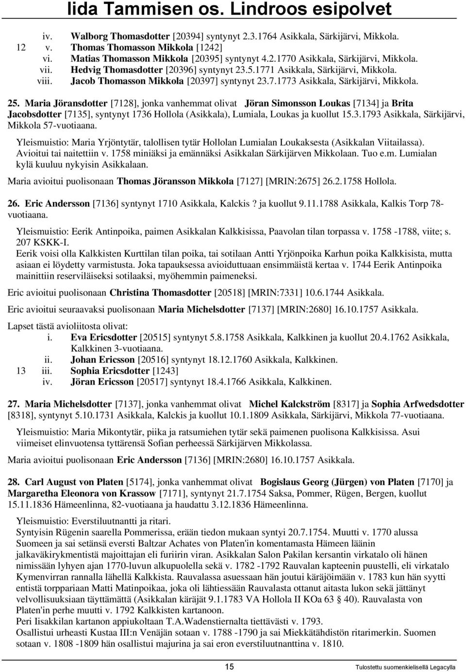 Maria Jöransdotter [7128], jonka vanhemmat olivat Jöran Simonsson Loukas [7134] ja Brita Jacobsdotter [7135], syntynyt 1736 Hollola (Asikkala), Lumiala, Loukas ja kuollut 15.3.1793 Asikkala, Särkijärvi, Mikkola 57-vuotiaana.