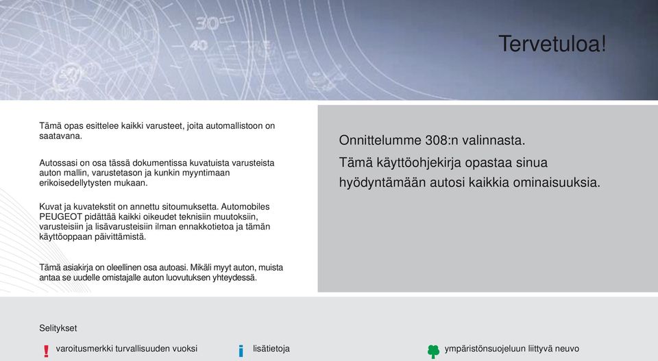 Tämä käyttöohjekirja opastaa sinua hyödyntämään autosi kaikkia ominaisuuksia. Kuvat ja kuvatekstit on annettu sitoumuksetta.