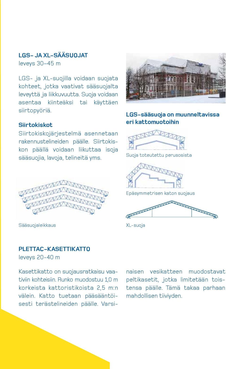 LGS-sääsuoja on muunneltavissa eri kattomuotoihin Suoja toteutettu perusosista Epäsymmetrisen katon suojaus Sääsuojaleikkaus XL-suoja PLETTAC-KASETTIKATTO leveys 20-40 m Kasettikatto on