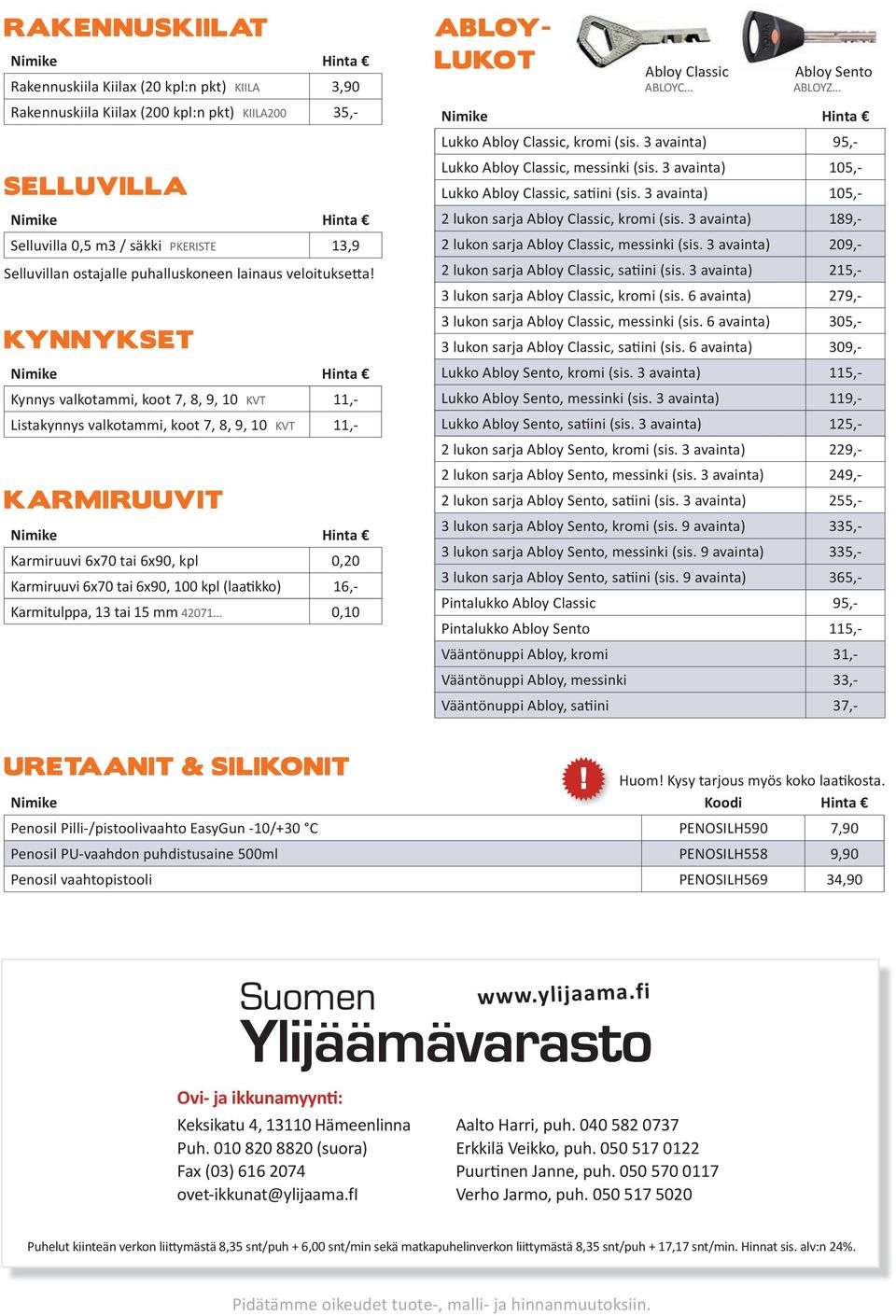 KYNNYKSET Kynnys valkotammi, koot 7, 8, 9, 10 KVT 11,- Listakynnys valkotammi, koot 7, 8, 9, 10 KVT 11,- KARMIRUUVIT Karmiruuvi 6x70 tai 6x90, kpl 0,20 Karmiruuvi 6x70 tai 6x90, 100 kpl (laatikko)