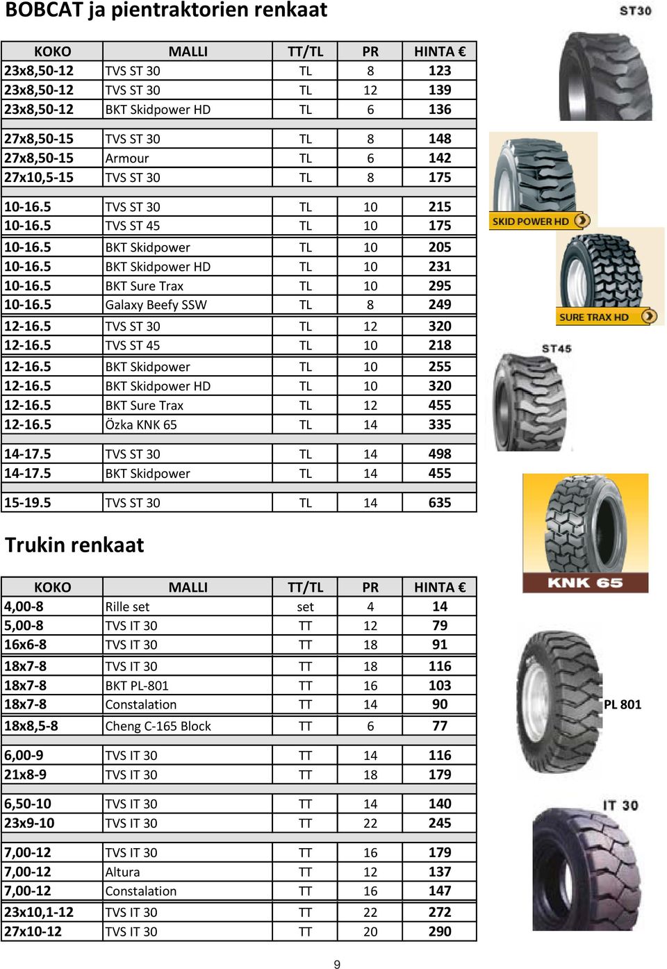 5 Galaxy Beefy SSW TL 8 249 12 16.5 TVS ST 30 TL 12 320 12 16.516 TVS ST 45 TL 10 218 12 16.5 16.5 BKT Skidpower TL 10 255 12 16.5 BKT Skidpower HD TL 10 320 12 16.516 BKT Sure Trax TL 12 455 12 16.