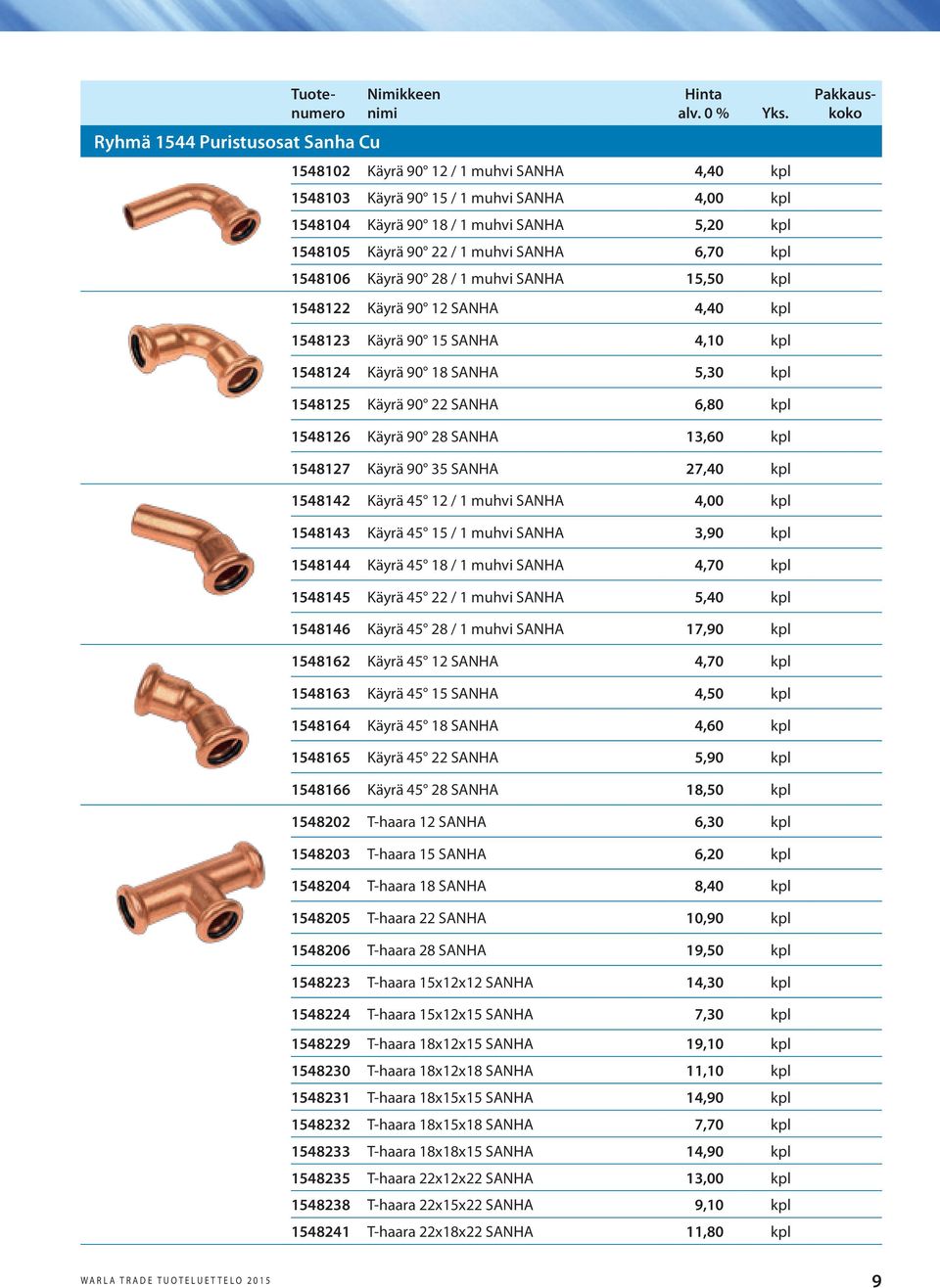 kpl 1548126 Käyrä 90 28 SANHA 13,60 kpl 1548127 Käyrä 90 35 SANHA 27,40 kpl 1548142 Käyrä 45 12 / 1 muhvi SANHA 4,00 kpl 1548143 Käyrä 45 15 / 1 muhvi SANHA 3,90 kpl 1548144 Käyrä 45 18 / 1 muhvi