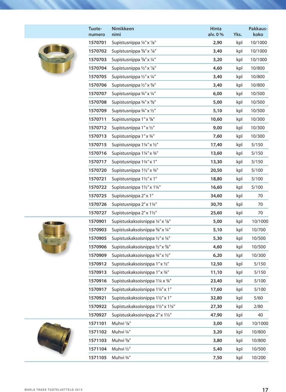 10/500 1570709 Supistusnippa ¾ x ½ 5,10 kpl 10/500 1570711 Supistusnippa 1 x 3 /8 10,60 kpl 10/300 1570712 Supistusnippa 1 x ½ 9,00 kpl 10/300 1570713 Supistusnippa 1 x ¾ 7,60 kpl 10/300 1570715