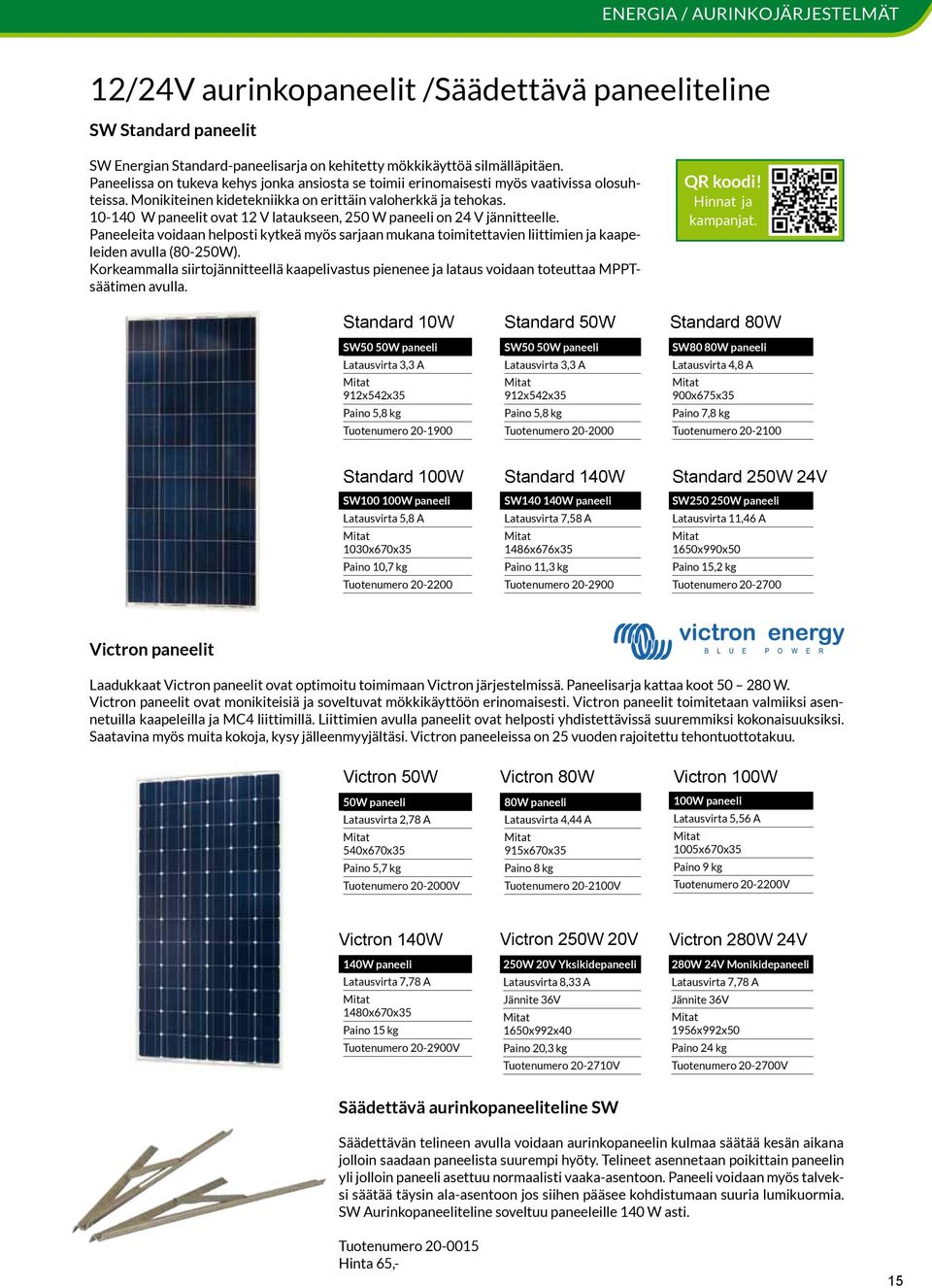 10-140 W paneelit ovat 12 V lataukseen, 250 W paneeli on 24 V jännitteelle. Paneeleita voidaan helposti kytkeä myös sarjaan mukana toimitettavien liittimien ja kaapeleiden avulla (80-250W).