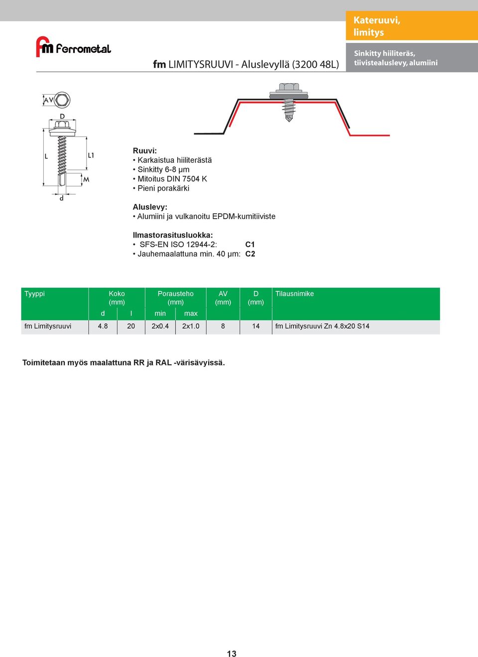 Alumiini ja vulkanoitu EM-kumitiiviste SFS-EN ISO 12944-2: C1 Jauhemaalattuna min.