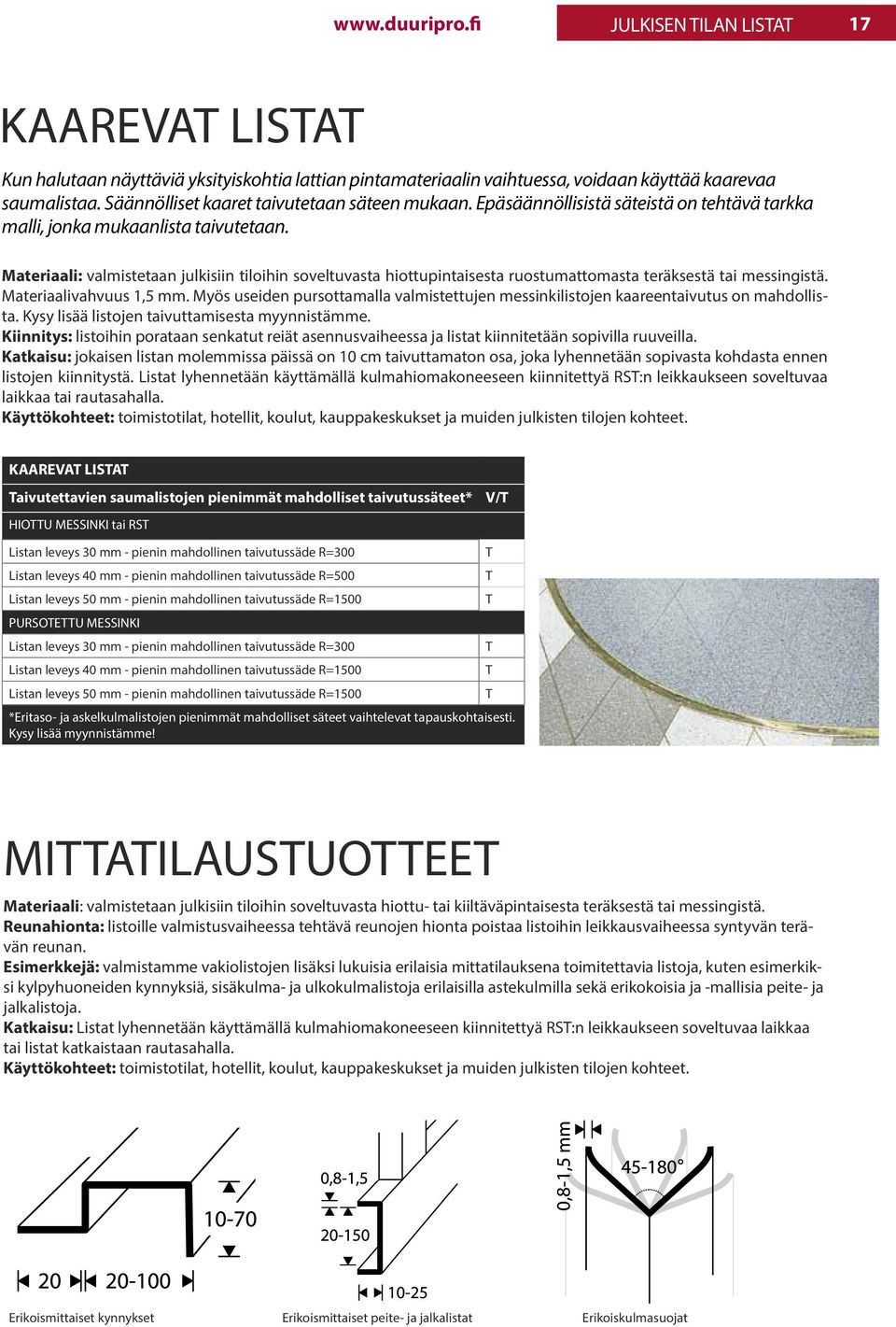 Materiaali: valmistetaan julkisiin tiloihin soveltuvasta hiottupintaisesta ruostumattomasta teräksestä tai messingistä. Materiaalivahvuus 1,5 mm.