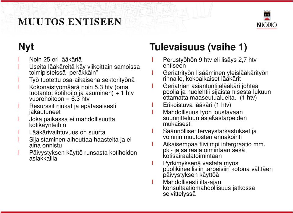 3 htv Resurssit niukat ja epätasaisesti jakautuneet Joka paikassa ei mahdoisuutta kotikäynteihin Lääkärivaihtuvuus on suurta Sijaistaminen aiheuttaa haasteita ja ei aina onnistu Päivystyksen käyttö