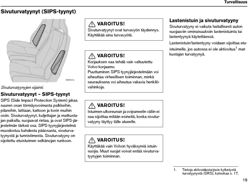 Sivuturvatyynyt, kuljettajan ja matkustajan paikalla, suojaavat rintaa, ja ovat SIPS-järjestelmän tärkeä osa. SIPS-tyynyjärjestelmä muodostuu kahdesta pääosasta, sivuturvatyynystä ja tunnistimesta.