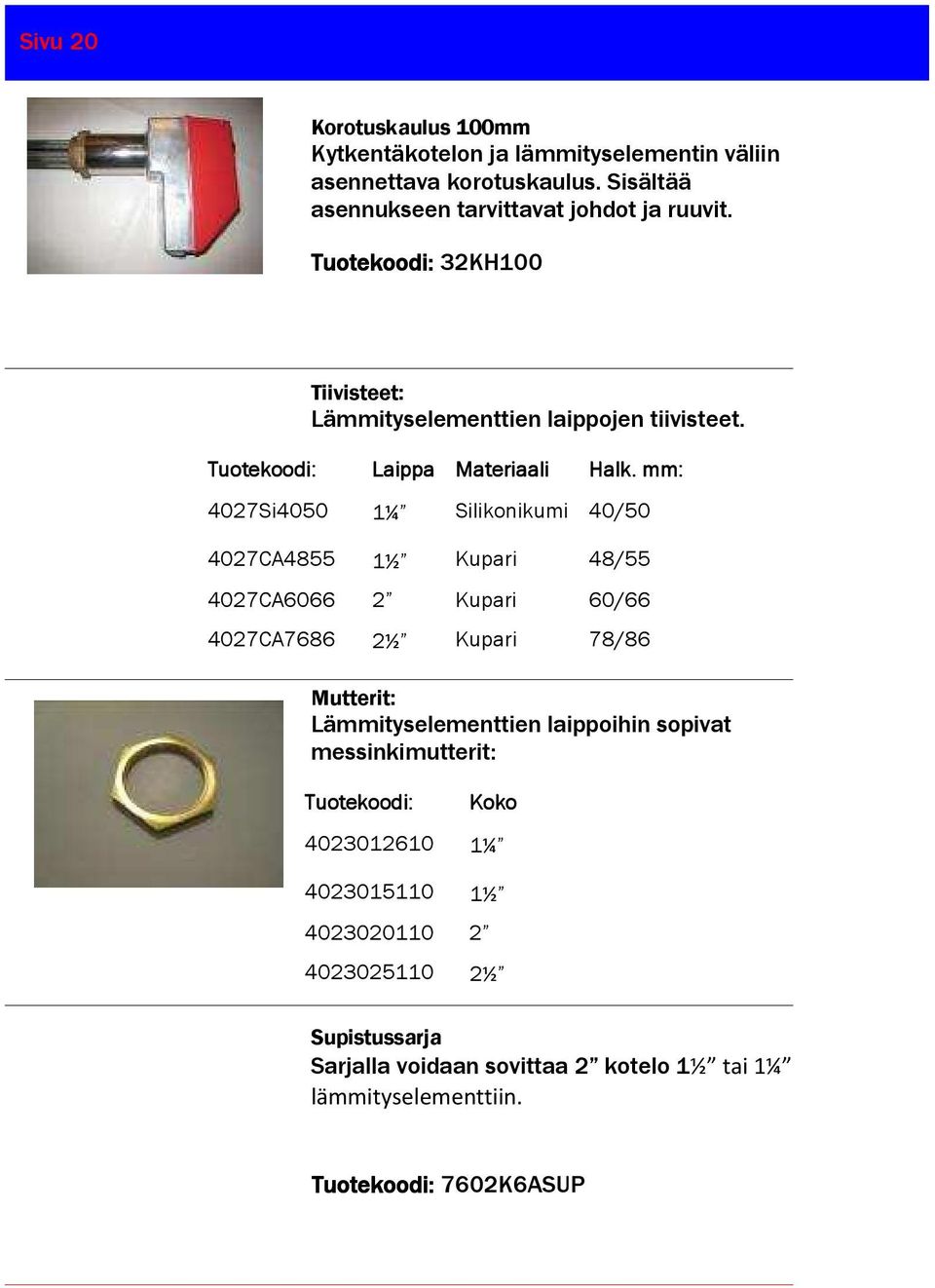 mm: 4027Si4050 1¼ Silikonikumi 40/50 4027CA4855 1½ Kupari 48/55 4027CA6066 2 Kupari 60/66 4027CA7686 2½ Kupari 78/86 Mutterit: Lämmityselementtien