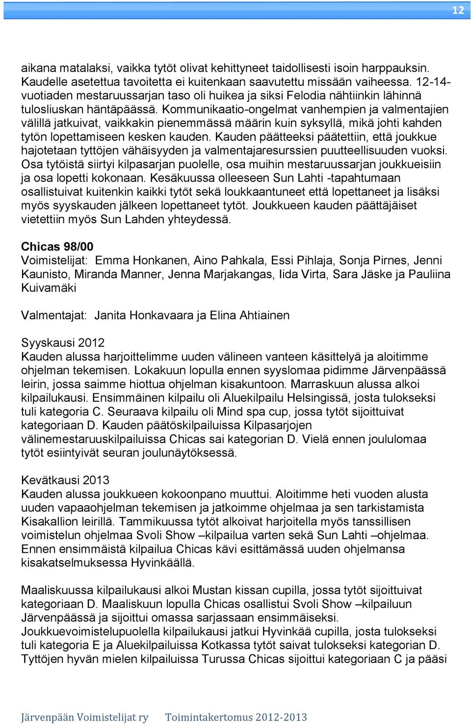 Kommunikaatio-ongelmat vanhempien ja valmentajien välillä jatkuivat, vaikkakin pienemmässä määrin kuin syksyllä, mikä johti kahden tytön lopettamiseen kesken kauden.