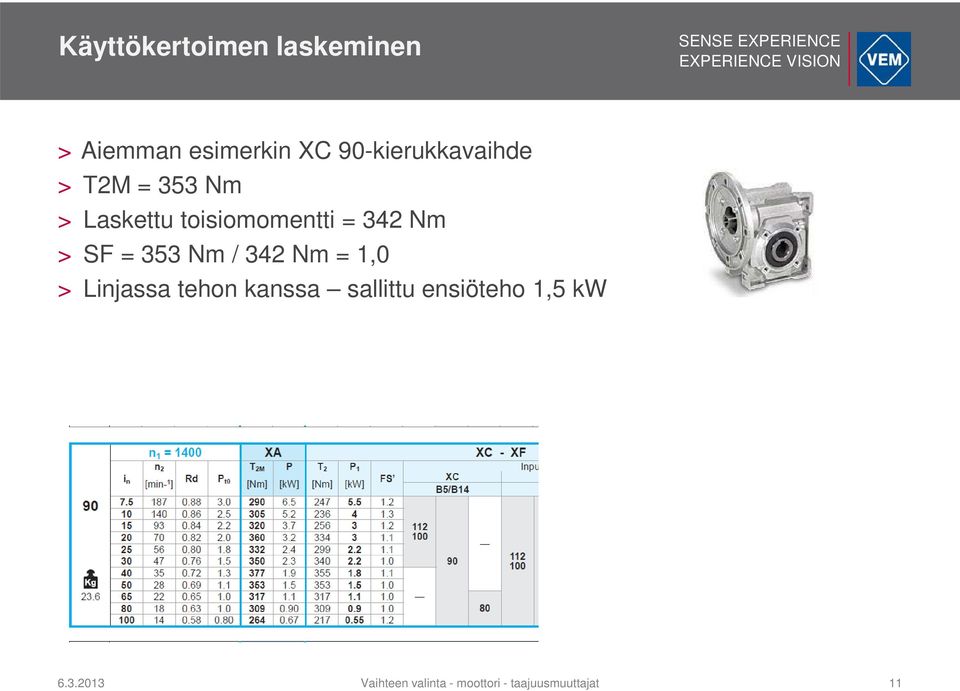 342 Nm > SF = 353 Nm / 342 Nm = 1,0 > Linjassa tehon kanssa