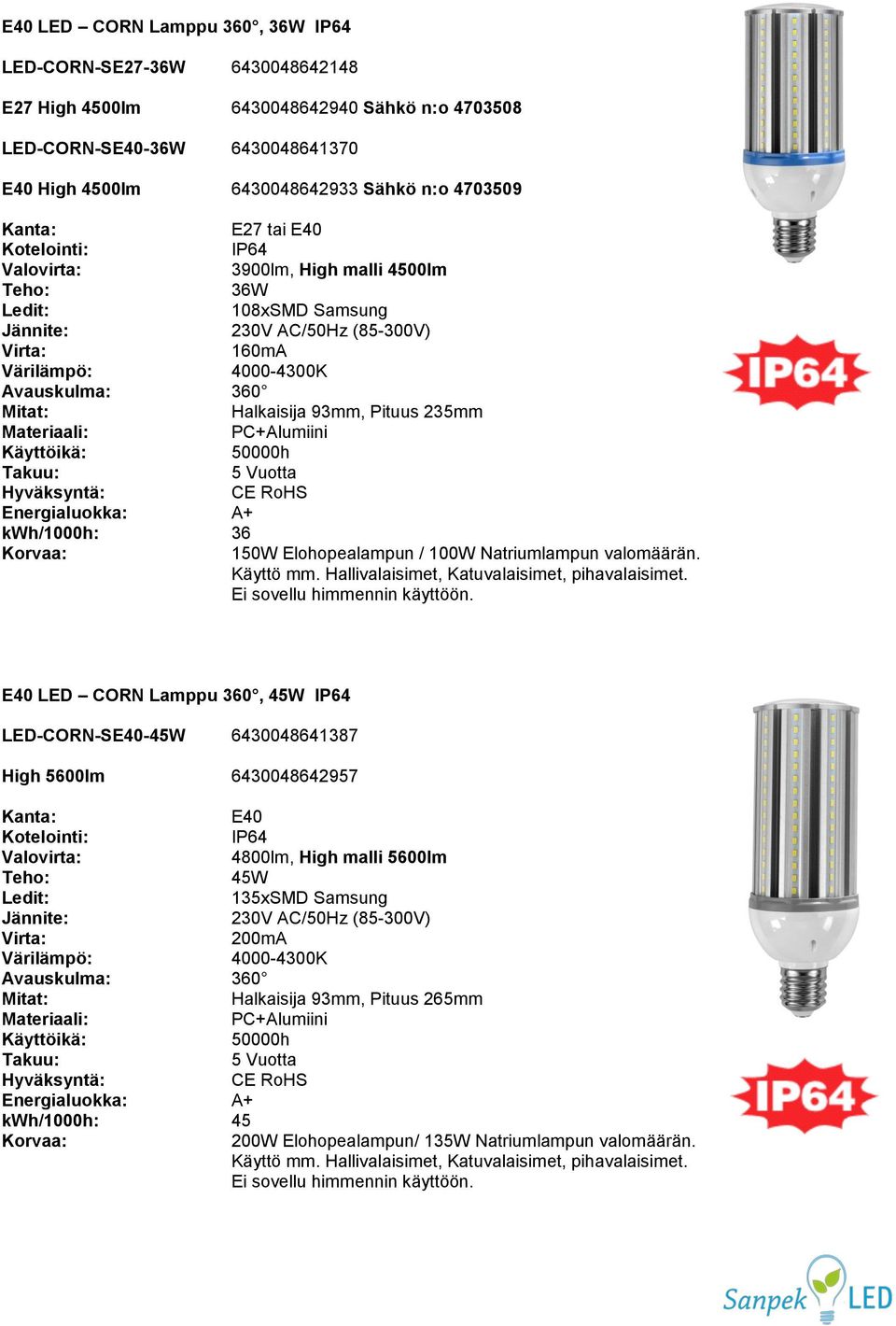 150W Elohopealampun / 100W Natriumlampun valomäärän.