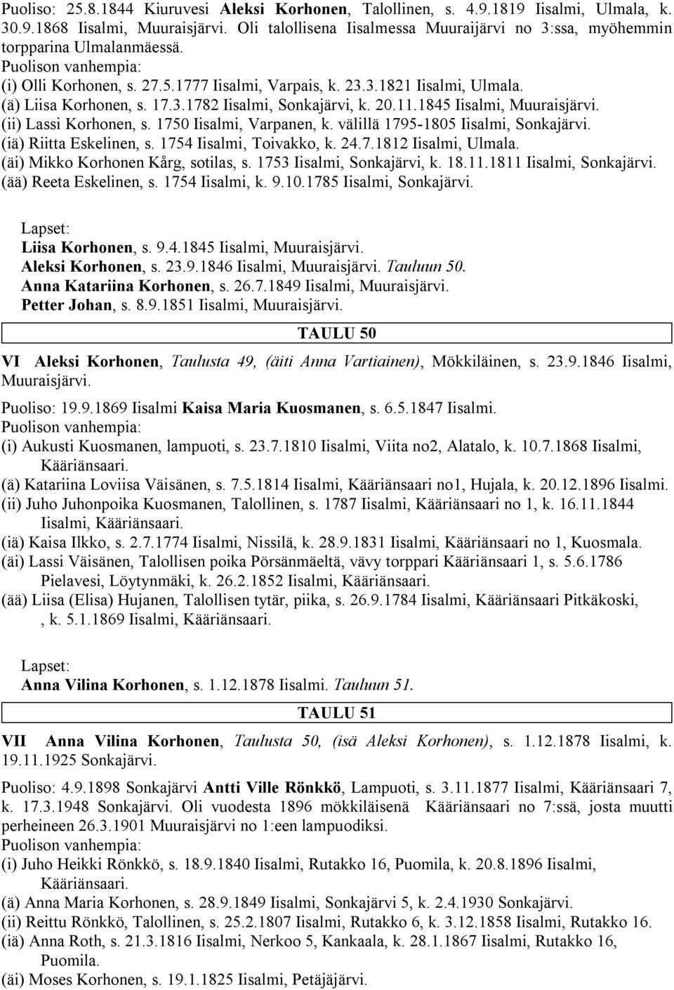 20.11.1845 Iisalmi, Muuraisjärvi. (ii) Lassi Korhonen, s. 1750 Iisalmi, Varpanen, k. välillä 1795-1805 Iisalmi, Sonkajärvi. (iä) Riitta Eskelinen, s. 1754 Iisalmi, Toivakko, k. 24.7.1812 Iisalmi, Ulmala.