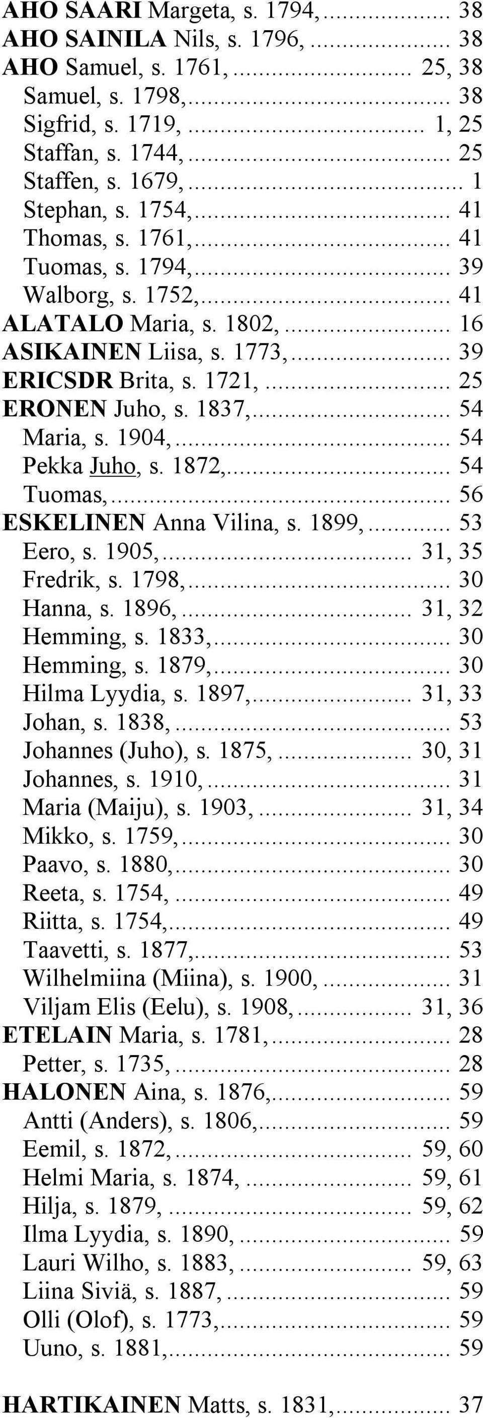 .. 25 ERONEN Juho, s. 1837,... 54 Maria, s. 1904,... 54 Pekka Juho, s. 1872,... 54 Tuomas,... 56 ESKELINEN Anna Vilina, s. 1899,... 53 Eero, s. 1905,... 31, 35 Fredrik, s. 1798,... 30 Hanna, s. 1896,.
