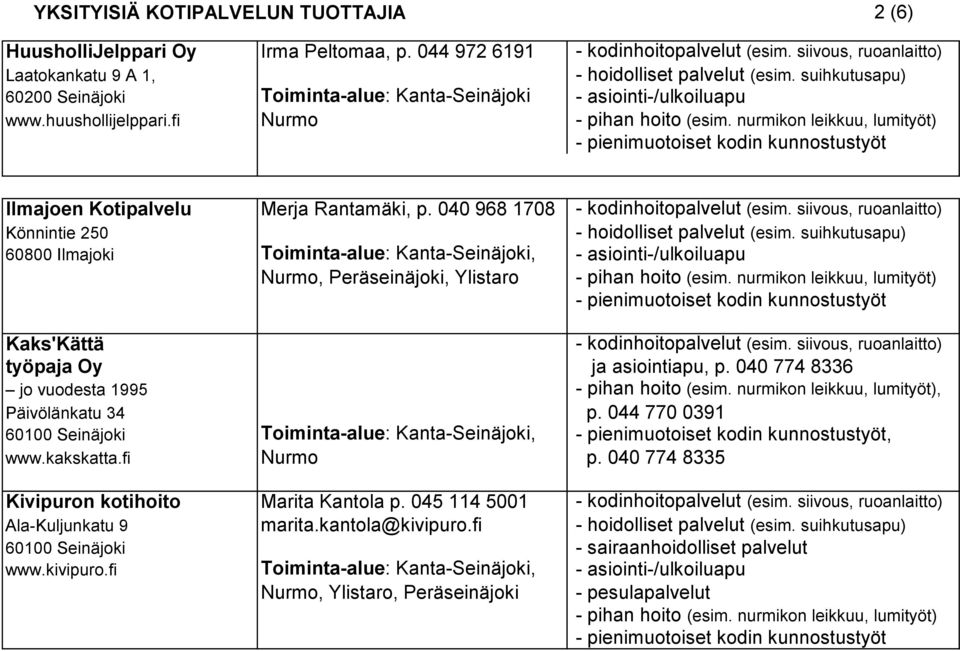 040 968 1708 - kodinhoitopalvelut (esim. siivous, ruoanlaitto) Könnintie 250 - hoidolliset palvelut (esim.