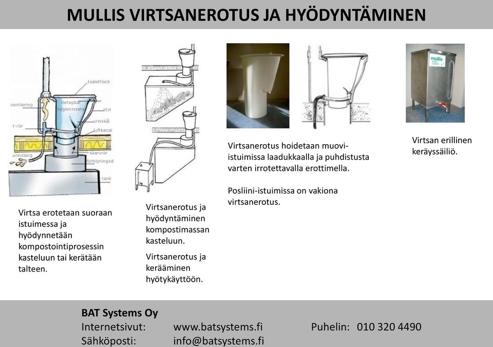 Virtsa erotetaan suoraan istuimessa ja hyödynnetään kompostointiprosessin kasteluun tai kerätään talteen.