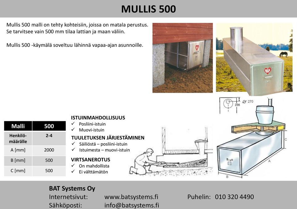 Mullis 500 -käymälä soveltuu lähinnä vapaa-ajan asunnoille.