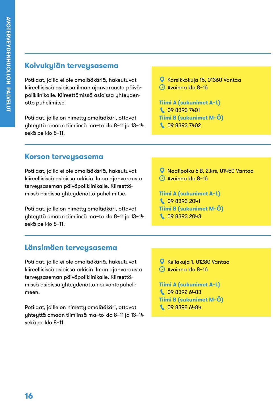 Karsikkokuja 15, 01360 Vantaa Avoinna klo 8 16 Tiimi A (sukunimet A L) 09 8393 7401 Tiimi B (sukunimet M Ö) 09 8393 7402 Korson terveysasema Potilaat, joilla ei ole omalääkäriä, hakeutuvat