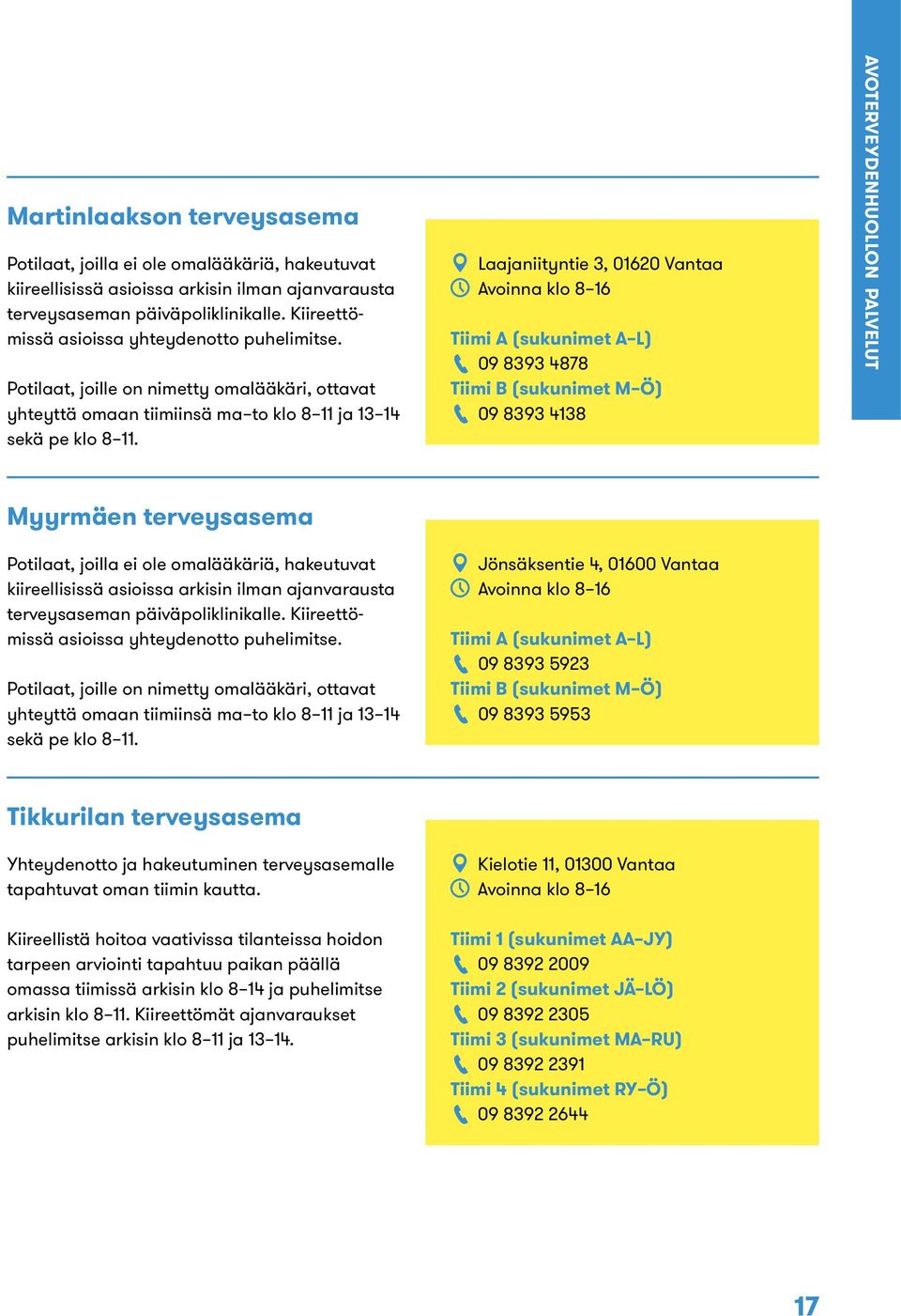 Laajaniityntie 3, 01620 Vantaa Avoinna klo 8 16 Tiimi A (sukunimet A L) 09 8393 4878 Tiimi B (sukunimet M Ö) 09 8393 4138 AVOTERVEYDENHUOLLON PALVELUT Myyrmäen terveysasema Potilaat, joilla ei ole